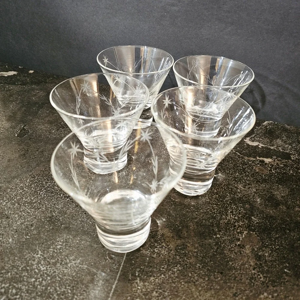 Vintage Starburst Etched‎ Martini Glasses Set of 5 Clear MCM Style Mid Century